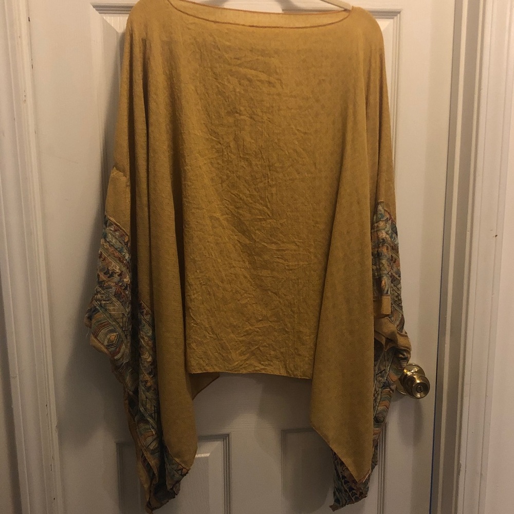 Not Rated Mustard Yellow Poncho Sweater with Patterned Sleeve Trim